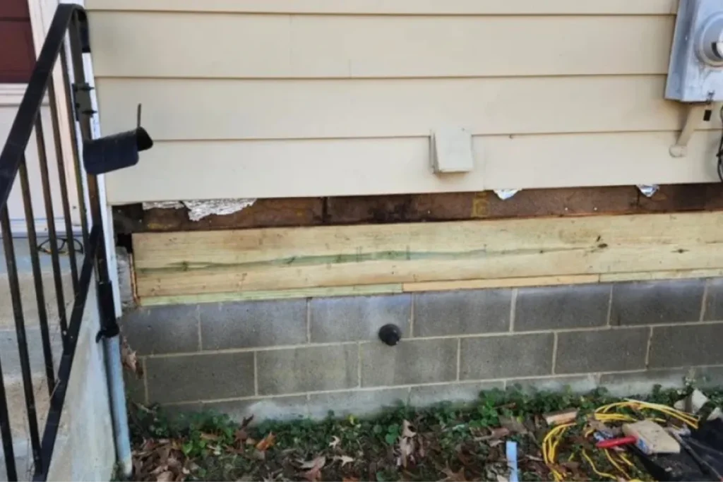 Fresh lumber installed along exterior siding foundation during a rotten wood replacement project.